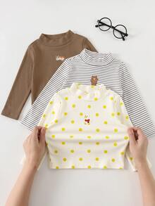SHEIN Baby Girl Casual Versatile Knitted Striped Cartoon Pattern Turtleneck Autumn Winter Top 3pcs -Piece Set - Multicolor - View 4