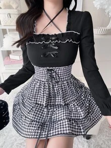 FRIFUL Women's Vintage Cute Preppy Palace Style Bowknot Decor Ruffle Hem Dress Everyday Date Black And White Autumn - Black - View 5