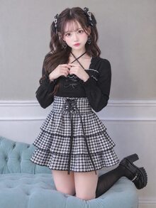 FRIFUL Women's Vintage Cute Preppy Palace Style Bowknot Decor Ruffle Hem Dress Everyday Date Black And White Autumn - Black - View 8