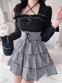 FRIFUL Women's Vintage Cute Preppy Palace Style Bowknot Decor Ruffle Hem Dress Everyday Date Black And White Autumn - Black - View 6