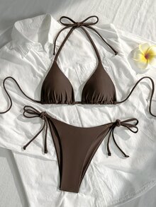 Swim SXY Solid Color Triangle Cup Halter Bikini Set, Tie-Up Low Waist Swimwear, Backless Tankini, Suitable For Beach Party, Hot Spring Black Sexy Summer - Coffee Brown - View 5