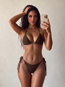 Swim SXY Solid Color Triangle Cup Halter Bikini Set, Tie-Up Low Waist Swimwear, Backless Tankini, Suitable For Beach Party, Hot Spring Black Sexy Summer - Coffee Brown - View 4