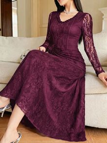 Modelyn Plus Size Women's Lace Patchwork Ruched Elegant Frenchy Waist-Cinching Party Evening Formal Casual Dress Wedding Dark Purple Winter - Red Violet - View 6