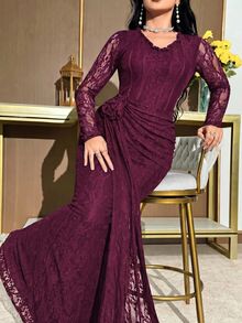 Modelyn Plus Size Women's Lace Patchwork Ruched Elegant Frenchy Waist-Cinching Party Evening Formal Casual Dress Wedding Dark Purple Winter - Red Violet - View 7