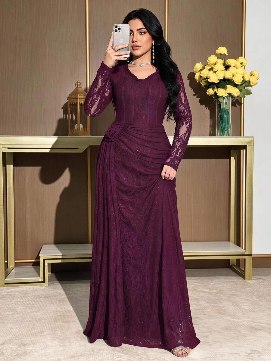 Modelyn Plus Size Women's Lace Patchwork Ruched Elegant Frenchy Waist-Cinching Party Evening Formal Casual Dress Wedding Dark Purple Winter - Red Violet - View 1