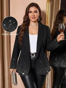 Reflora Plus Size Autumn/Winter Party Wedding Cocktail Formal Evening Rhinestone Embellished Blazer Fall Black Elegant Gothic Christmas Women's - Black - View 9