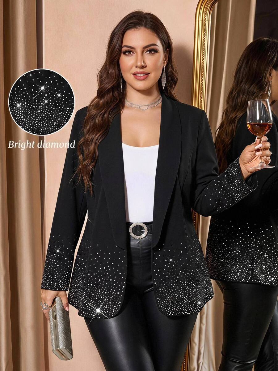 Reflora Plus Size Autumn/Winter Party Wedding Cocktail Formal Evening Rhinestone Embellished Blazer Fall Black Elegant Gothic Christmas Women's - Black - View 1