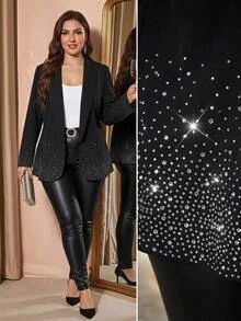 Reflora Plus Size Autumn/Winter Party Wedding Cocktail Formal Evening Rhinestone Embellished Blazer Fall Black Elegant Gothic Christmas Women's - Black - View 1