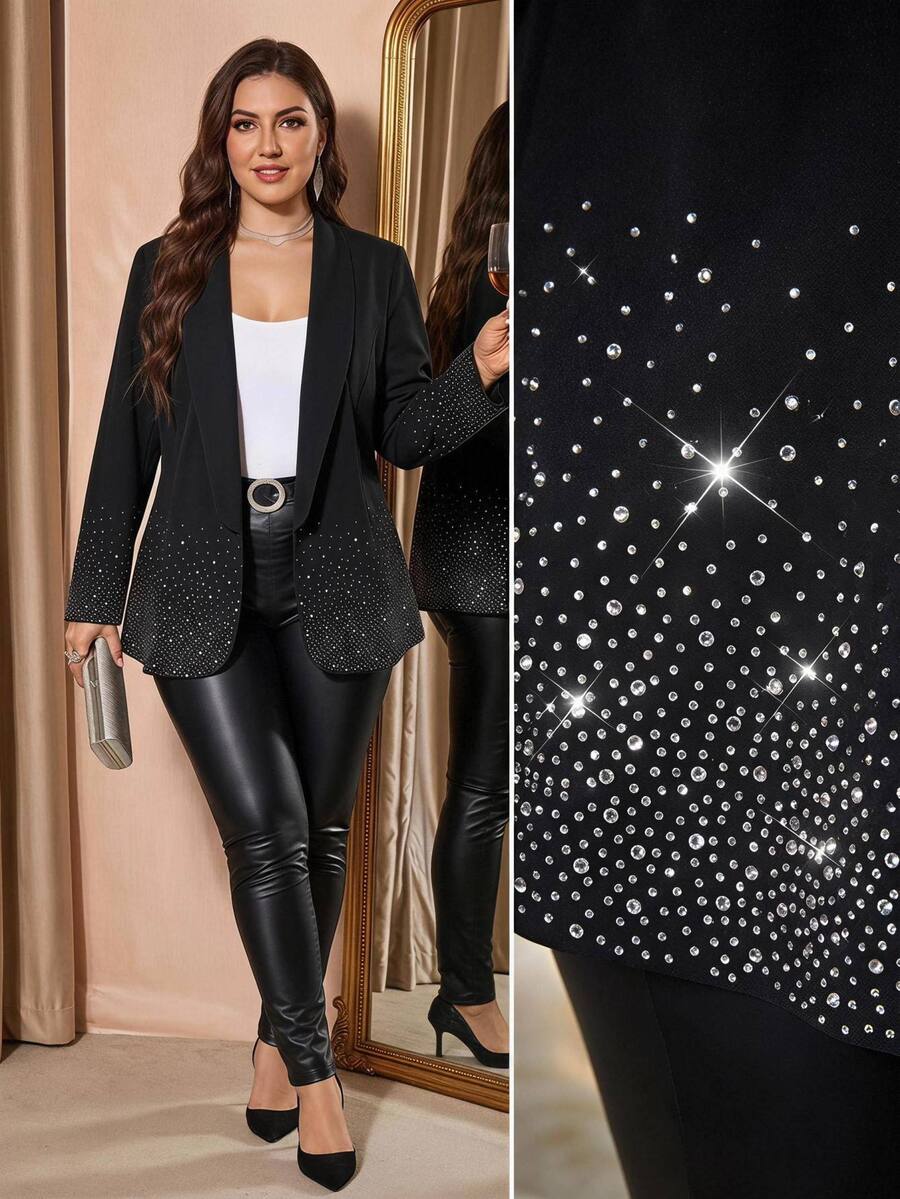 Reflora Plus Size Autumn/Winter Party Wedding Cocktail Formal Evening Rhinestone Embellished Blazer Fall Black Elegant Gothic Christmas Women's - Black - View 1