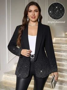 Reflora Plus Size Autumn/Winter Party Wedding Cocktail Formal Evening Rhinestone Embellished Blazer Fall Black Elegant Gothic Christmas Women's - Black - View 8