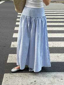 SHEIN Sparklyn Tween Girls Fall Clothes Blue And White Stripe Umbrella Skirt, Long Full Skirt, Simple Japanese Style Elegant Casual Ruffle Hem, Beach Vacation - Multicolor - View 6