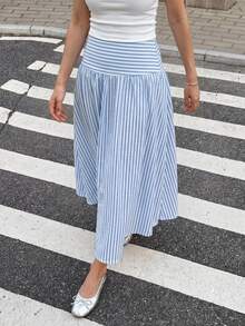 SHEIN Sparklyn Tween Girls Fall Clothes Blue And White Stripe Umbrella Skirt, Long Full Skirt, Simple Japanese Style Elegant Casual Ruffle Hem, Beach Vacation - Multicolor - View 7