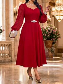 Fleurora Plus Size Fashion Rhinestone Decorated Long Sleeve Elegant Dress Wedding Cocktail Dinner Red Autumn Fall - Hot Pink - View 4