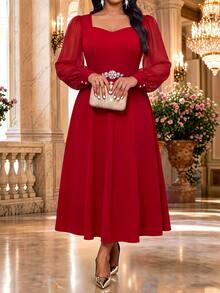 Fleurora Plus Size Fashion Rhinestone Decorated Long Sleeve Elegant Dress Wedding Cocktail Dinner Red Autumn Fall - Hot Pink - View 3