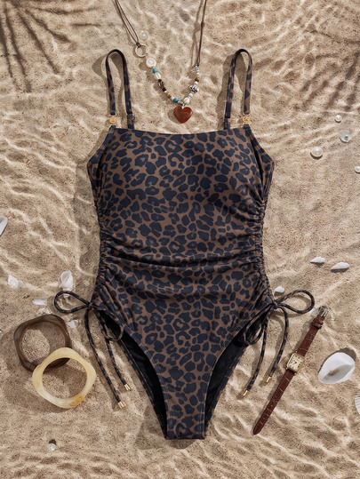 SHEIN Swim ملابس سباحة بيكيني قطعة واحدة للنساء بطبعة نمر متعددة الألوان استوائية مثيرة وجميلة مع حزام قابل للتعديل وزينة معدنية، الأكثر مبيعًا، مناسبة للشاطئ والعطلات والكاجوال والأناقة وحفلات عيد الحب