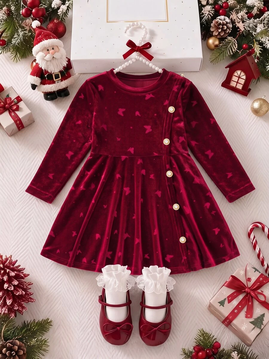 SHEIN Genkimix Kids Young Girl Autumn Winter Elegant Burgundy Velvet Butterfly Print Pearl Button Flare Dress,Christmas Party Dress,Winter Fall - Burgundy - View 1
