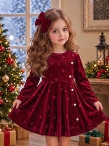 SHEIN Genkimix Kids Young Girl Autumn Winter Elegant Burgundy Velvet Butterfly Print Pearl Button Flare Dress,Christmas Party Dress,Winter Fall - Burgundy - View 4
