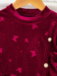 SHEIN Genkimix Kids Young Girl Autumn Winter Elegant Burgundy Velvet Butterfly Print Pearl Button Flare Dress,Christmas Party Dress,Winter Fall - Burgundy - View 6