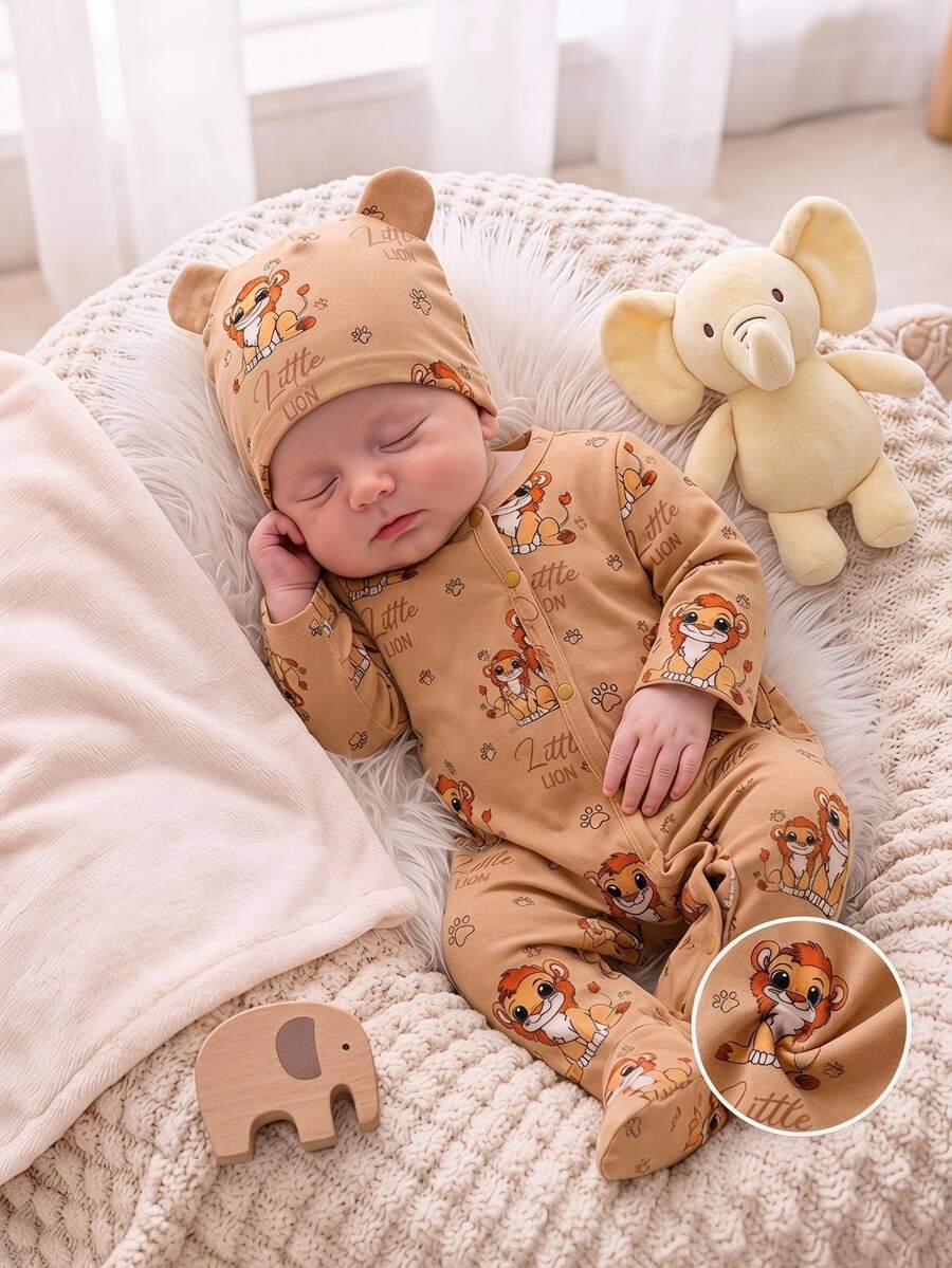 SHEIN 2pcs/Set Baby Boy & Girl Long Sleeve Cartoon Bear Print Romper, Suitable For Spring, Summer, Autumn, Winter, Daily Wear, Birthday Party, Photo Commemoration