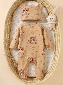 SHEIN 2pcs/Set Baby Boy & Girl Long Sleeve Cartoon Bear Print Romper, Suitable For Spring, Summer, Autumn, Winter, Daily Wear, Birthday Party, Photo Commemoration - Khaki - View 3