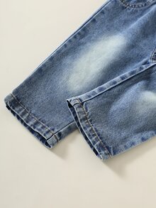 中性嬰兒男孩/女孩幼兒 2件組秋冬抓絨加厚可愛親子標語圖案衛衣套裝，丹寧牛仔褲，嬰兒冬季套裝，牛仔褲，聖誕節 - 白色 - 查看 6