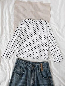 SHEIN Tween Girls White Black Polka Dot Drop Shoulder Long Sleeve Casual Loose Round Neck T-Shirt Tops - Multicolor - View 4