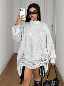 Maweii Autumn/Winter Plus Size Women's Loose Semi-High Neck Sweatshirt Dress, Long Petal Sleeve With Drawstring Ruched Hem, Casual Long Sweatshirt Fall - Grey - View 3