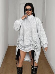 Maweii Autumn/Winter Plus Size Women's Loose Semi-High Neck Sweatshirt Dress, Long Petal Sleeve With Drawstring Ruched Hem, Casual Long Sweatshirt Fall - Grey - View 4