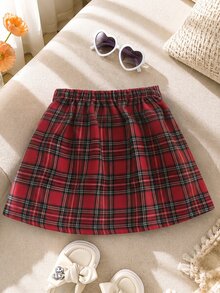 SHEIN Genkimix Kids 女童時尚休閒公主仙女格紋百褶裙，校園風，聖誕派對嬰兒洗禮 7 歲生日白色彩虹裙，秋季 - 紅色 - 查看 2