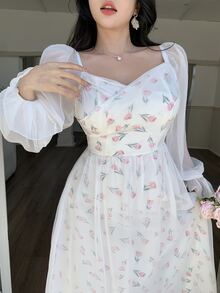 Feyla Plus Size Women's Floral Print Sweetheart Neckline Long Sleeve Elegant Dress - Multicolor - View 4