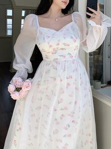 Feyla Plus Size Women's Floral Print Sweetheart Neckline Long Sleeve Elegant Dress - Multicolor - View 2