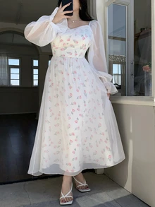 Feyla Plus Size Women's Floral Print Sweetheart Neckline Long Sleeve Elegant Dress - Multicolor - View 6