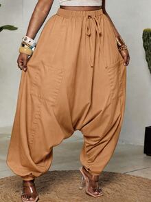 Maweii Plus Size Women's Rainbow Gradient Striped Flying Squirrel Pants, Drawstring Pockets Lion Head Patchwork Cuffed Casual Pants, Spring/Summer Y2K Street Vacation Outfit - Camel - View 7
