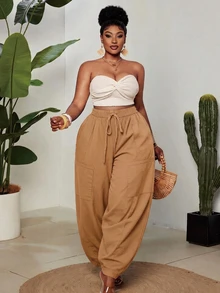 Maweii Plus Size Women's Rainbow Gradient Striped Flying Squirrel Pants, Drawstring Pockets Lion Head Patchwork Cuffed Casual Pants, Spring/Summer Y2K Street Vacation Outfit - Camel - View 3
