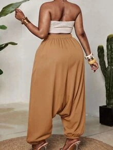 Maweii Plus Size Women's Rainbow Gradient Striped Flying Squirrel Pants, Drawstring Pockets Lion Head Patchwork Cuffed Casual Pants, Spring/Summer Y2K Street Vacation Outfit - Camel - View 2