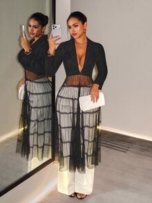 BamGleam Women's Elegant Short V-Neck Blazer Patchwork Sheer Mesh Midi Dress - Black - View 7