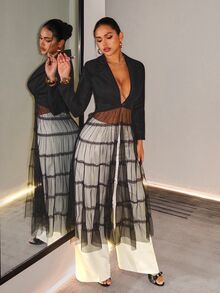 BamGleam Women's Elegant Short V-Neck Blazer Patchwork Sheer Mesh Midi Dress - Black - View 4