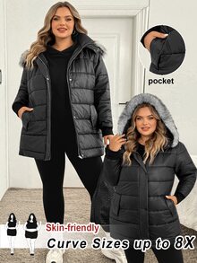 SHEIN CURVE+ Plus Size Women Solid Color Casual Versatile Winter Padded Coat - Black - View 10