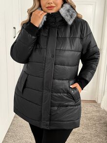 SHEIN CURVE+ Plus Size Women Solid Color Casual Versatile Winter Padded Coat - Black - View 8