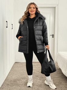 SHEIN CURVE+ Plus Size Women Solid Color Casual Versatile Winter Padded Coat - Black - View 6