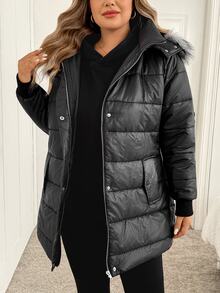 SHEIN CURVE+ Plus Size Women Solid Color Casual Versatile Winter Padded Coat - Black - View 5