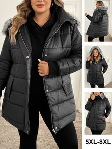 SHEIN CURVE+ Plus Size Women Solid Color Casual Versatile Winter Padded Coat - Black - View 9