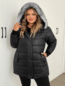 SHEIN CURVE+ Plus Size Women Solid Color Casual Versatile Winter Padded Coat - Black - View 7