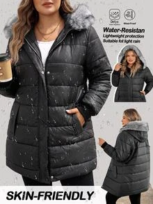 SHEIN CURVE+ Plus Size Women Solid Color Casual Versatile Winter Padded Coat - Black - View 1