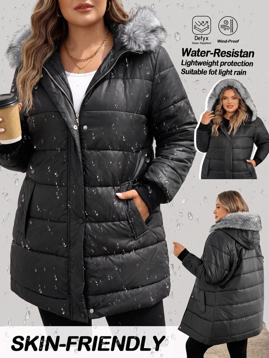 SHEIN CURVE+ Plus Size Women Solid Color Casual Versatile Winter Padded Coat - Black - View 1