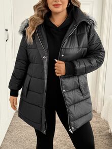 SHEIN CURVE+ Plus Size Women Solid Color Casual Versatile Winter Padded Coat - Black - View 3