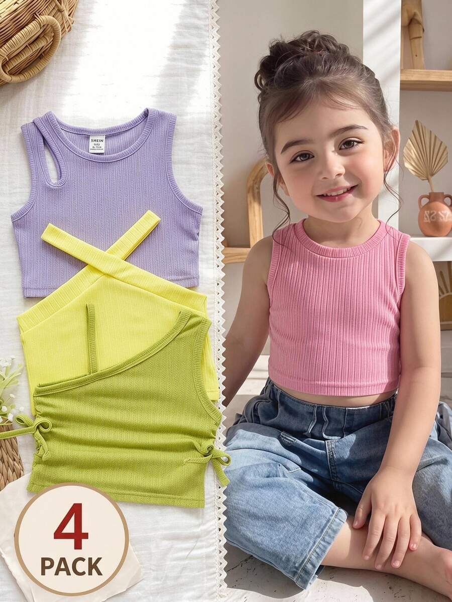 SHEIN 4件組女嬰輕粉色、紫色、淺黃色、萊姆綠多巴胺風可愛休閒純色上衣，適合春季、夏季度假派對