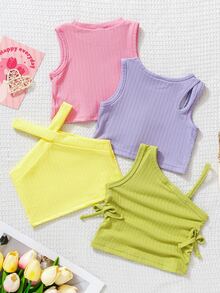 SHEIN 4件組女嬰輕粉色、紫色、淺黃色、萊姆綠多巴胺風可愛休閒純色上衣，適合春季、夏季度假派對 - 彩色 - 查看 3