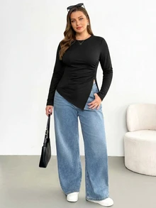 SHEIN Essnce Plus Size Women's Black Long Sleeve T-Shirt - Combines Business Casual And Everyday Style, Elastic And Comfortable, Featuring Asymmetrical Hem And Ruched Waist Design, Suitable For Workplace Wear - Black - View 3