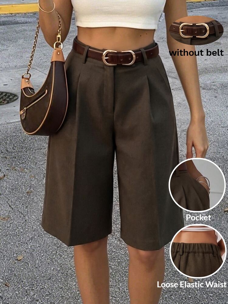 Lavishia Women's New  Brown Elegant Casual Office Commuter Autumn/Winter Wool Asymmetrical Waist 7-Point Pants, Casual Office Style, With Button Pockets - Mocha Brown - View 1